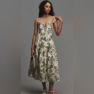 NWT Anthropologie Sleeveless Sweetheart A-line Midi Dress in Green Motif
